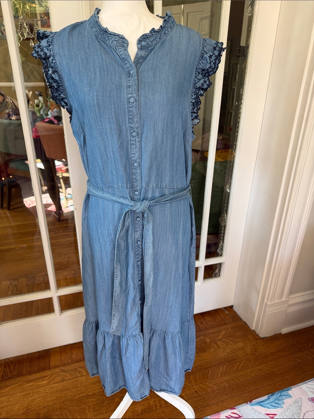 Nanette Lepore Light Blue Denim Button-Front Maxi Dress with Tie Waist